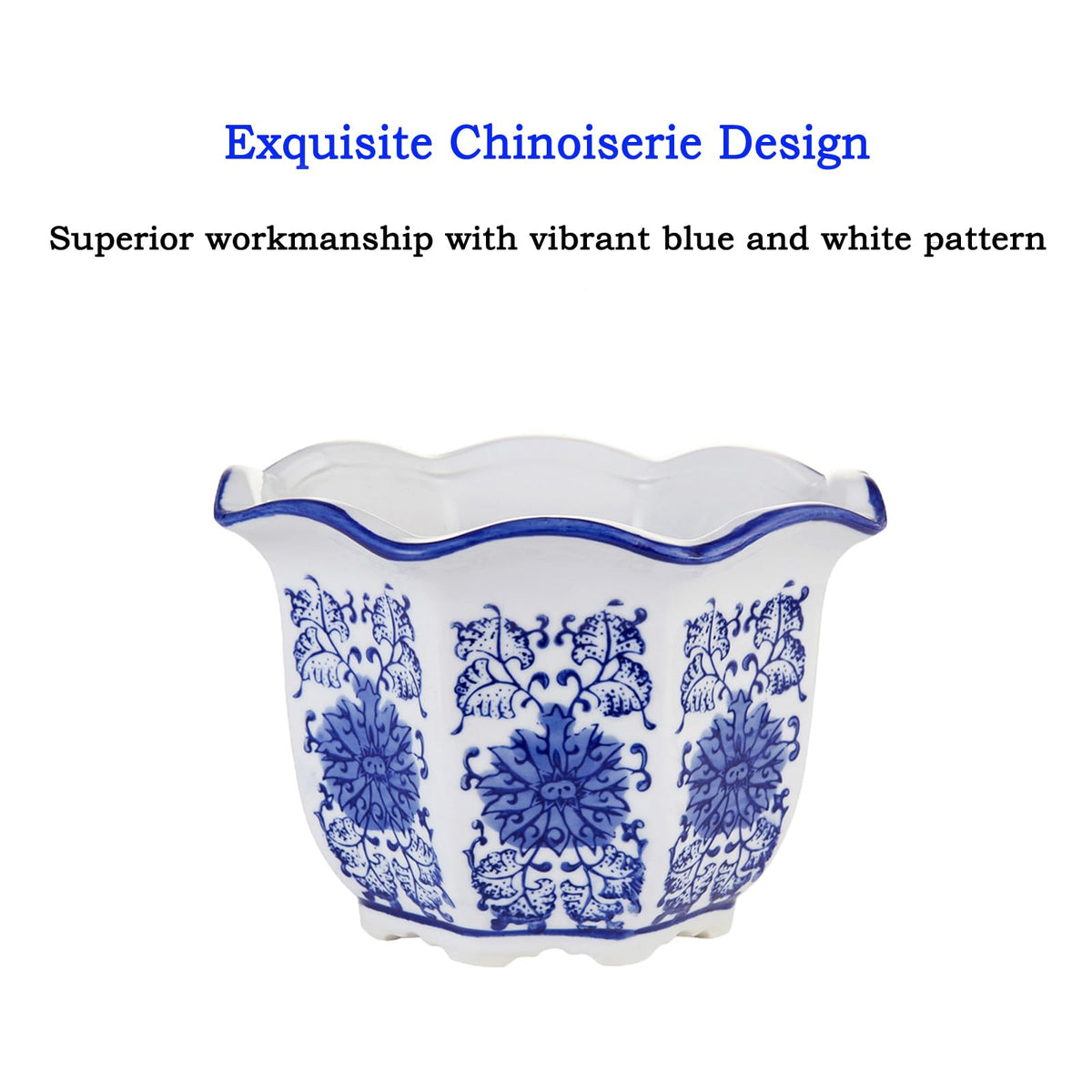HakkaGirl ceramic pot on table with blue-white chinoiserie, perfect for small succulents
