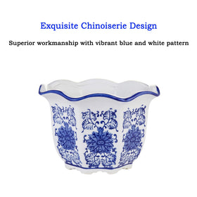 HakkaGirl ceramic pot on table with blue-white chinoiserie, perfect for small succulents