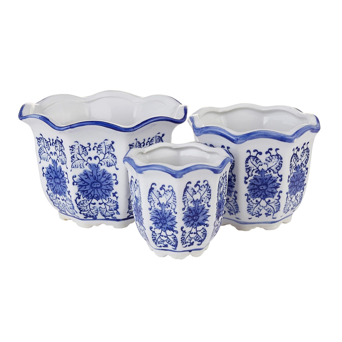 HakkaGirl ceramic pot with blue-white chinoiserie pattern on a windowsill, ideal for indoor plants