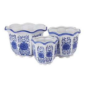 HakkaGirl ceramic pot with blue-white chinoiserie pattern on a windowsill, ideal for indoor plants