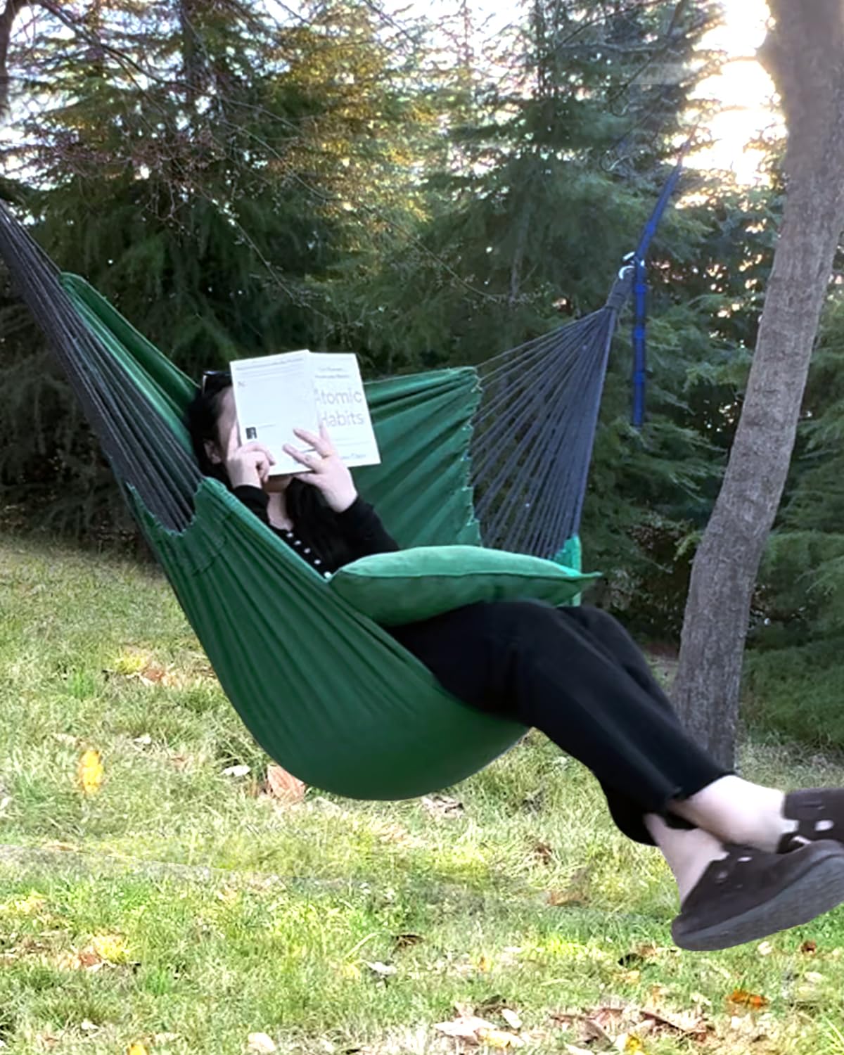 Halalona hammock chair two cushions close-up emphasizes extra support.
