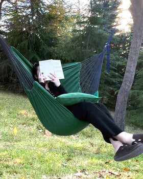 Halalona hammock chair two cushions close-up emphasizes extra support.