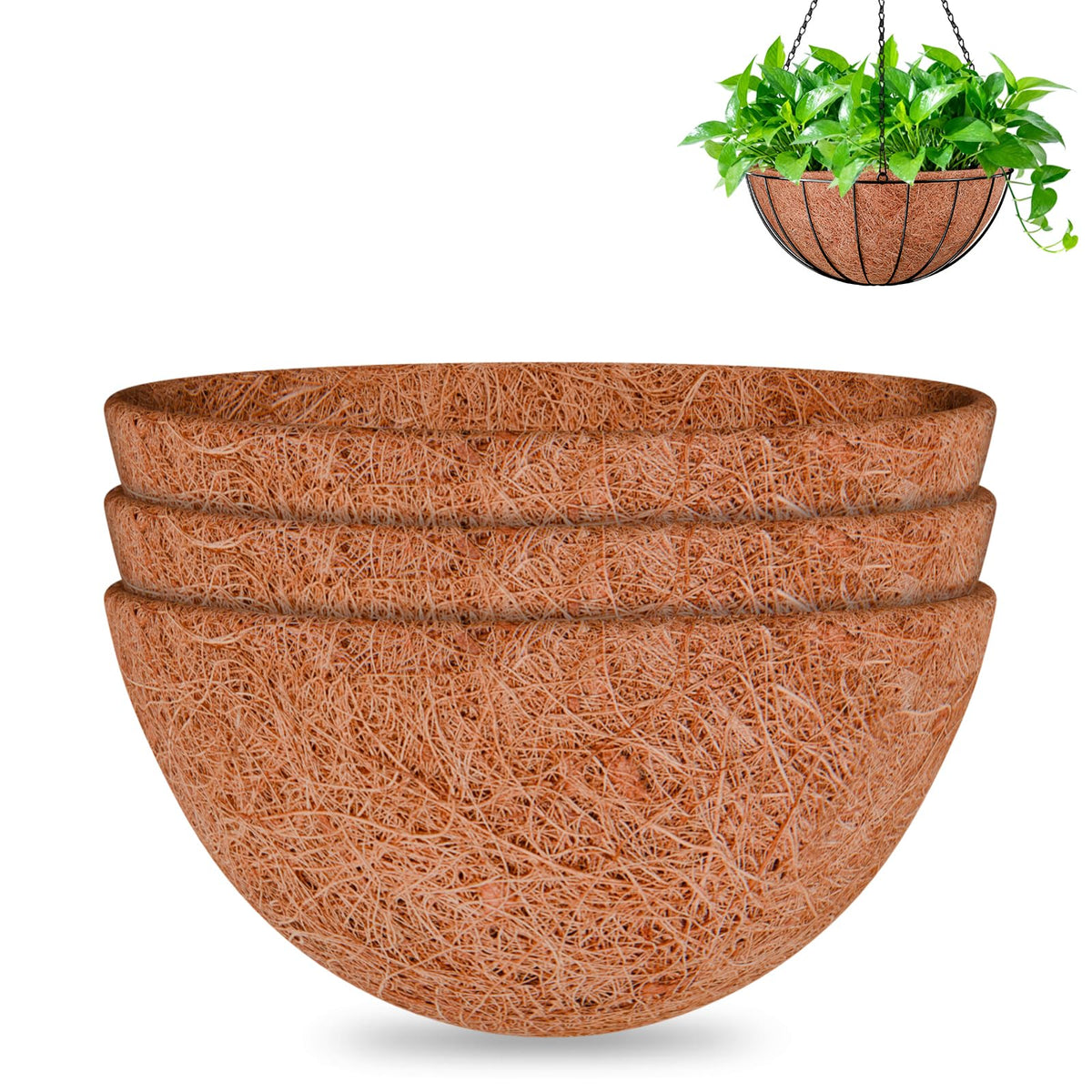 Halatool 18-inch round coco liner in a hanging basket improves drainage and moisture retention.