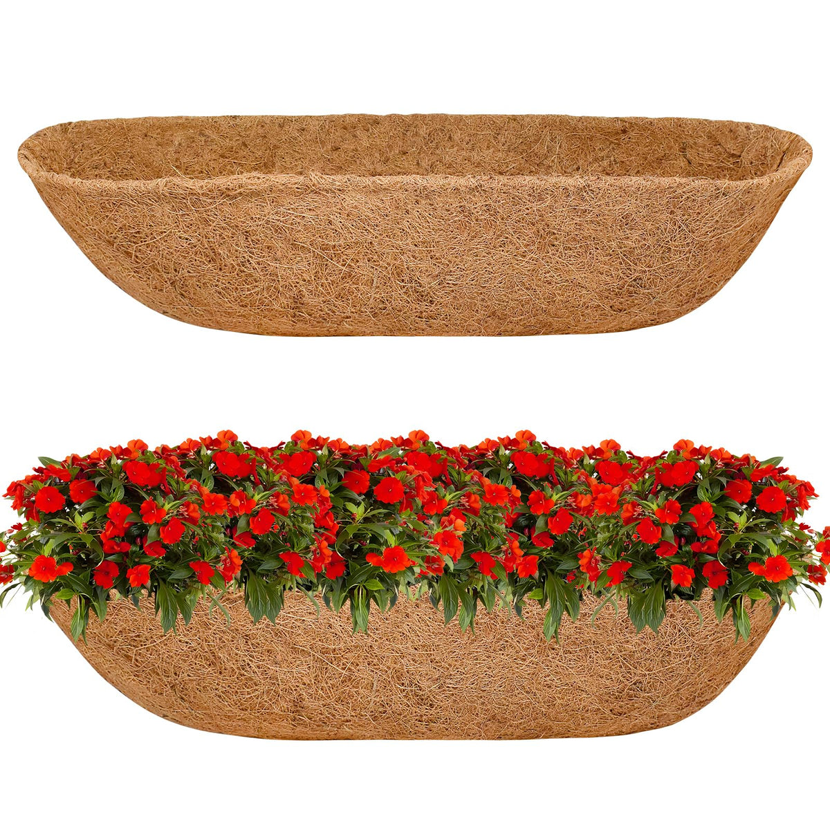 Halatool 36-inch coconut liner two-pack ready for railing planters, durable and spacious.
