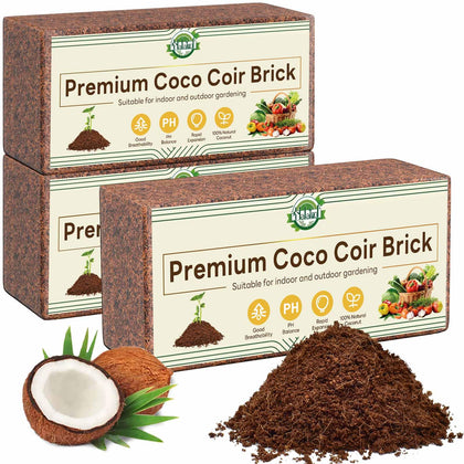 Halatool coco coir brick before soaking, clean organic planting medium for seed starting.