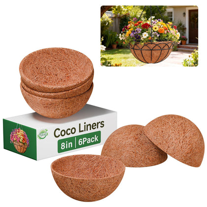 Halatool coconut liner in an 8-inch round basket boosts soil aeration.