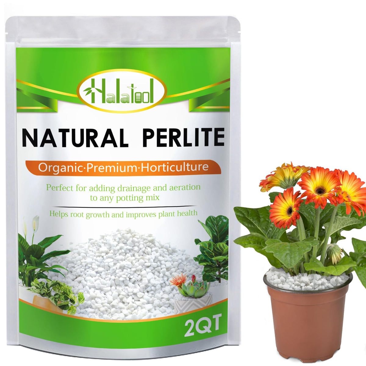 Halatool perlite 2qt bag closeup showing uniform pellets for soil