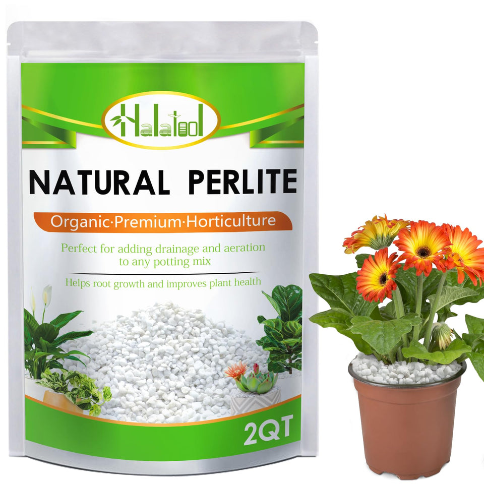 Halatool perlite 2qt bag closeup showing uniform pellets for soil