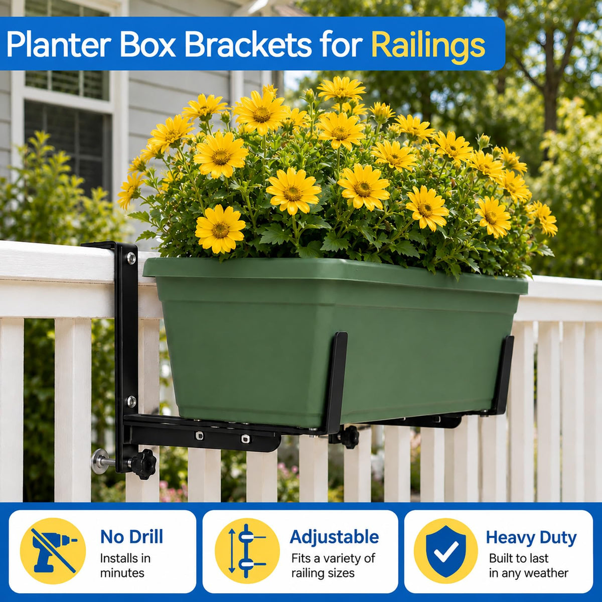 Halatool planters secured by brackets support lush balcony arrangements.