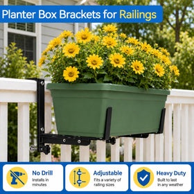 Halatool planters secured by brackets support lush balcony arrangements.
