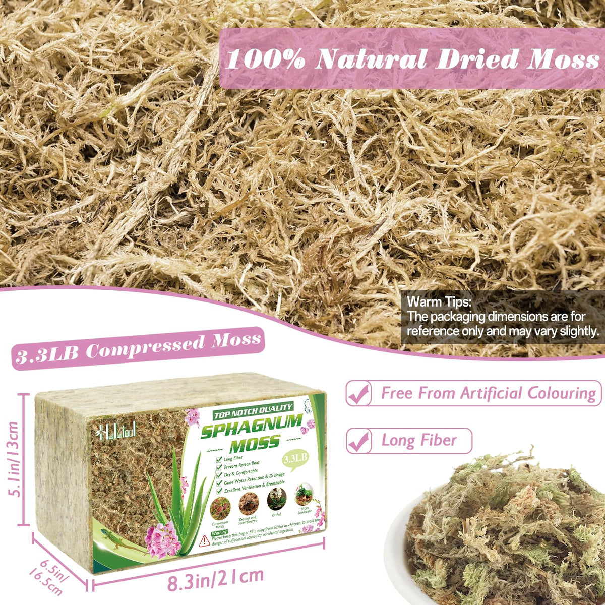 Halatool sphagnum moss brick after soak expands to moisture-rich moss for pots.