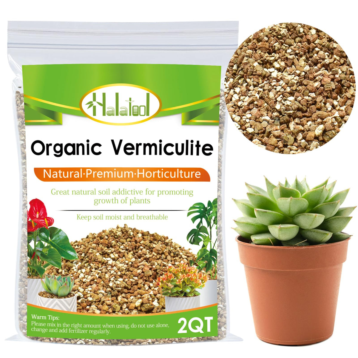 Halatool vermiculite bag labeled for soil amendment and moisture retention.