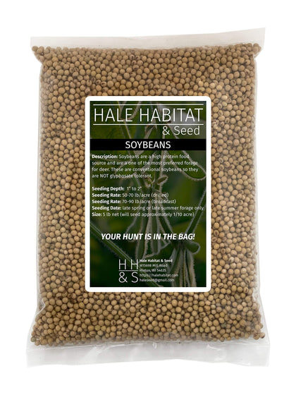 Hale Habitat & Seed conventional soybean seed bag ready for high-protein deer forage.