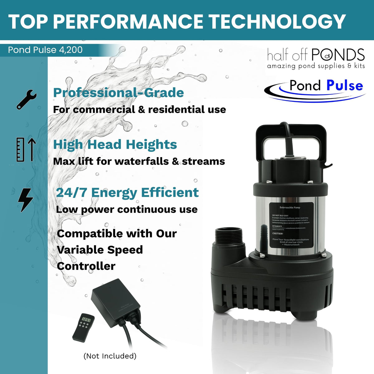 HALF OFF PONDS Pond Pulse pump with a 30-foot cord for flexible pond placement and wiring.
