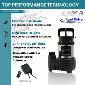 HALF OFF PONDS Pond Pulse pump with a 30-foot cord for flexible pond placement and wiring.