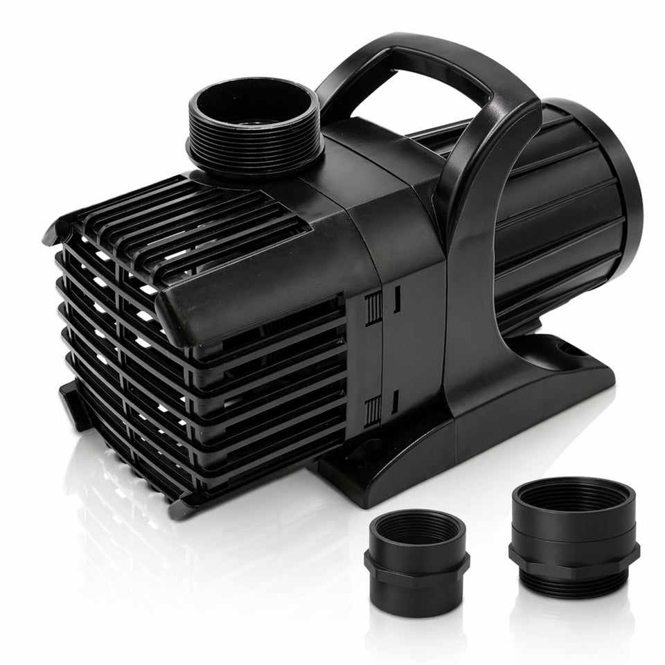 HALF OFF PONDS submersible water pump side view emphasizes compact footprint and 6,100 GPH power