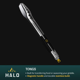 Halo Elite griddle tongs designed for secure flipping with comfortable grip