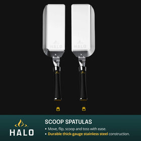 Halo Elite scoop spatula pair ready for flipping and serving on a hot griddle