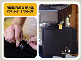 HALO Versa 16 pizza oven cover back view with secure closure features.