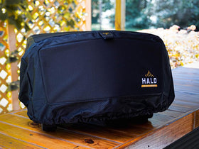 HALO Versa 16 pizza oven cover folds and hangs for storage.