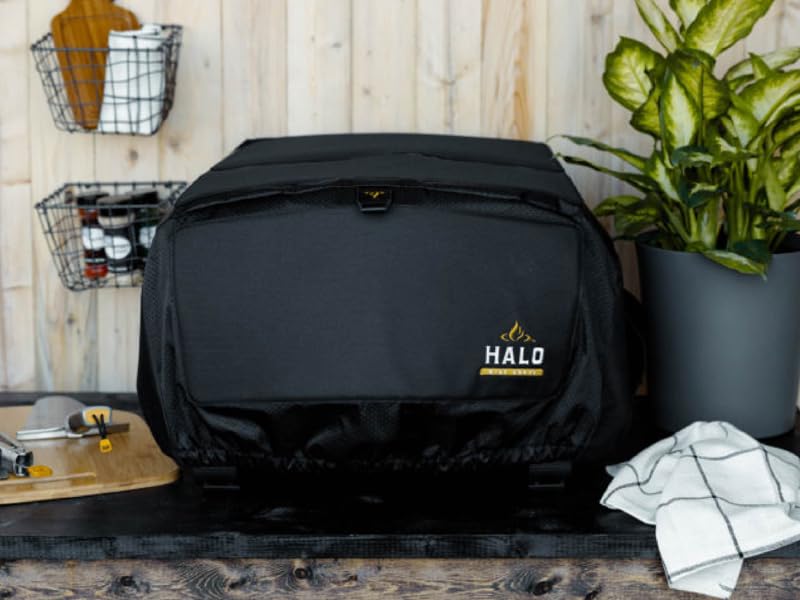HALO Versa 16 pizza oven cover side pocket for 1 lb LP gas container.