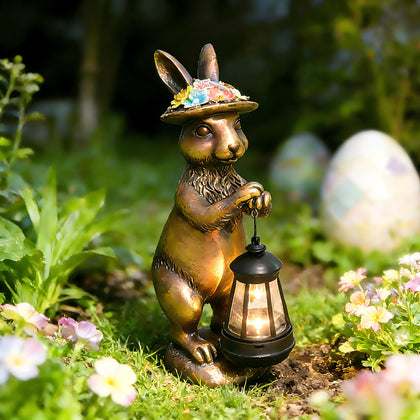 Halovin garden statue solar rabbit lantern lighting paths at night