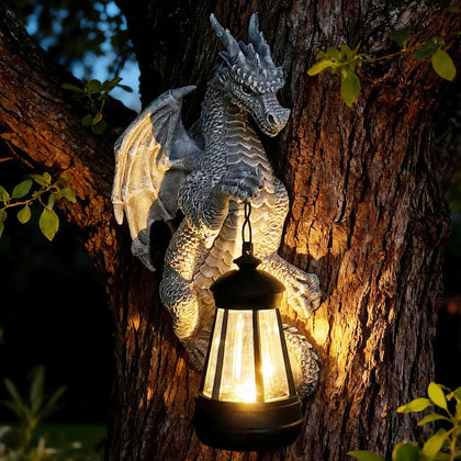 Halovin Tree Hugger Dragon outdoor statue adds garden charm.