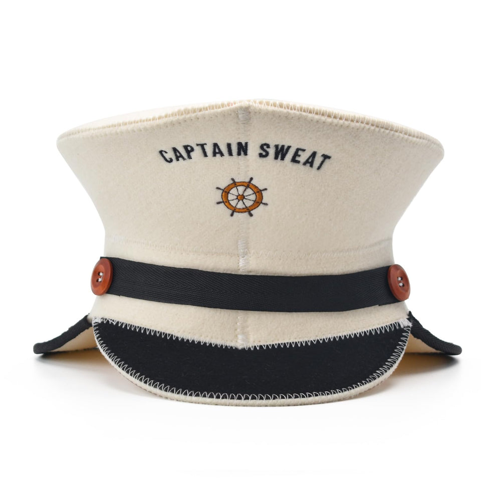 Halsa sauna hat Captain Sweat front view for heat protection.