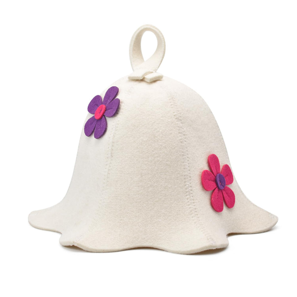 Halsa sauna hat on model, natural wool, breathable comfort for sauna sessions