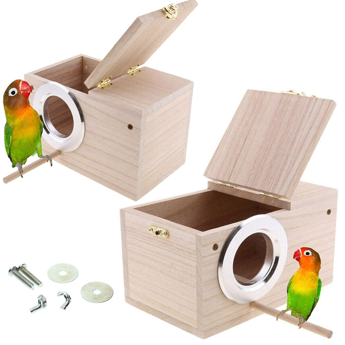 Hamiledyi parakeet nesting box side view showing natural pine construction for birds' shelter.