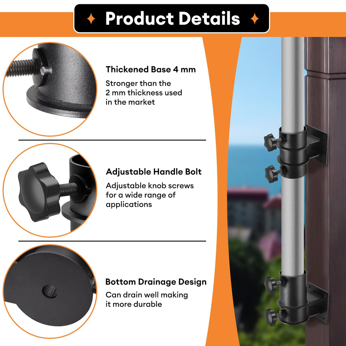 Hammrit deck umbrella mount attaches securely to railing corners for shade