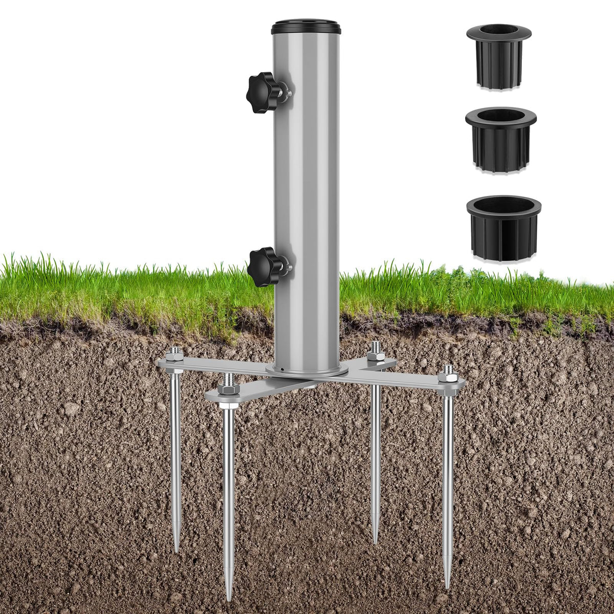 Hammrit umbrella stand anchor with four spikes for a stable outdoor setup.