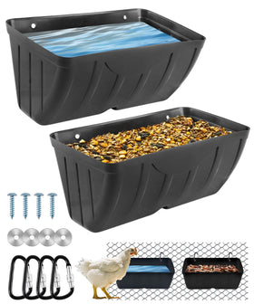 HamyHo chicken feeder 2-pack hanging in coop with clips for flexible placement.