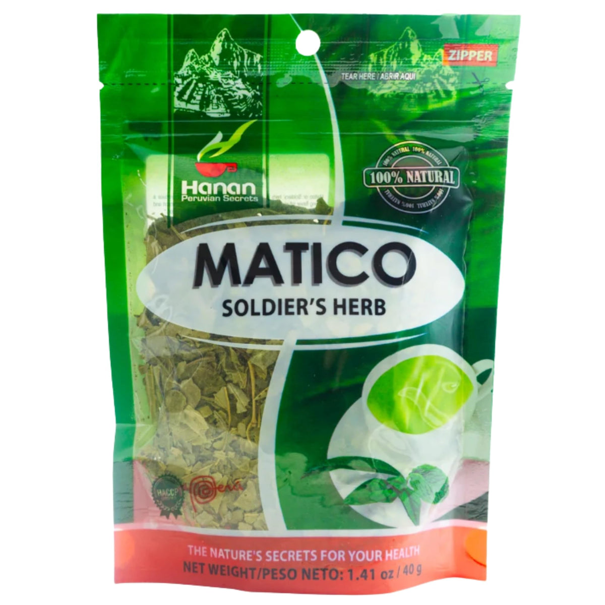 Hanan Matico tea leaves shown loose for a caffeine-free relaxing ritual.
