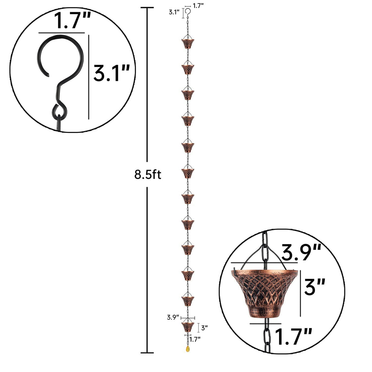 HANAYARD copper plaid rain chain mounted on gutter reduces splash