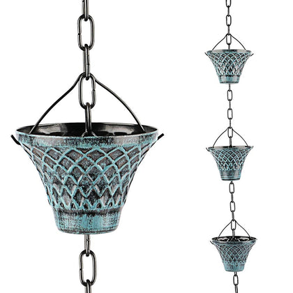 HANAYARD rain chain blue plaid cups guides rain to the ground with durable iron construction