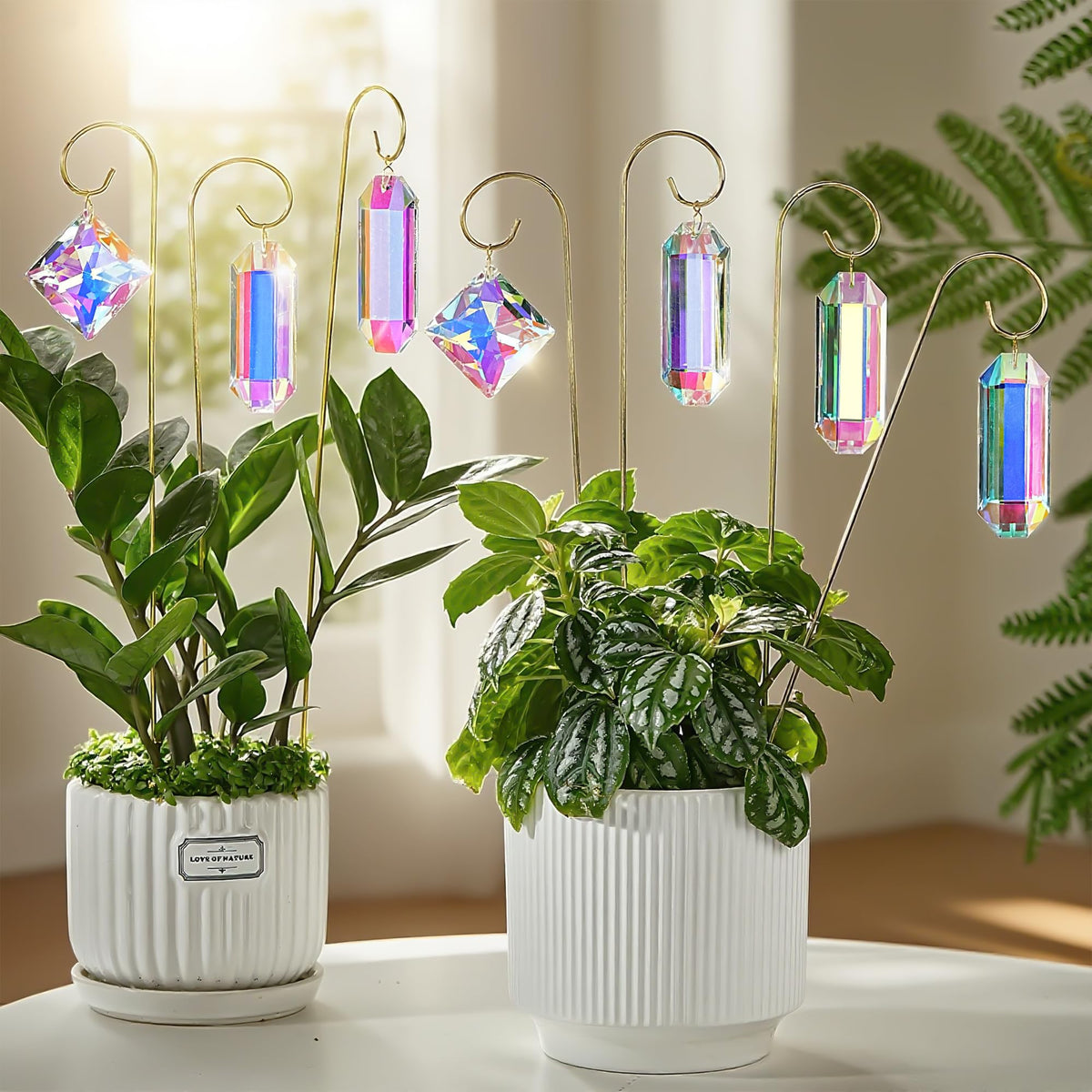 Golden trellis plant stake from H&D HYALINE & DORA supports plants while framing crystals
