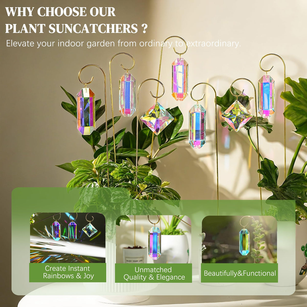 Crystal suncatchers on outdoor stakes add color to patios and gardens