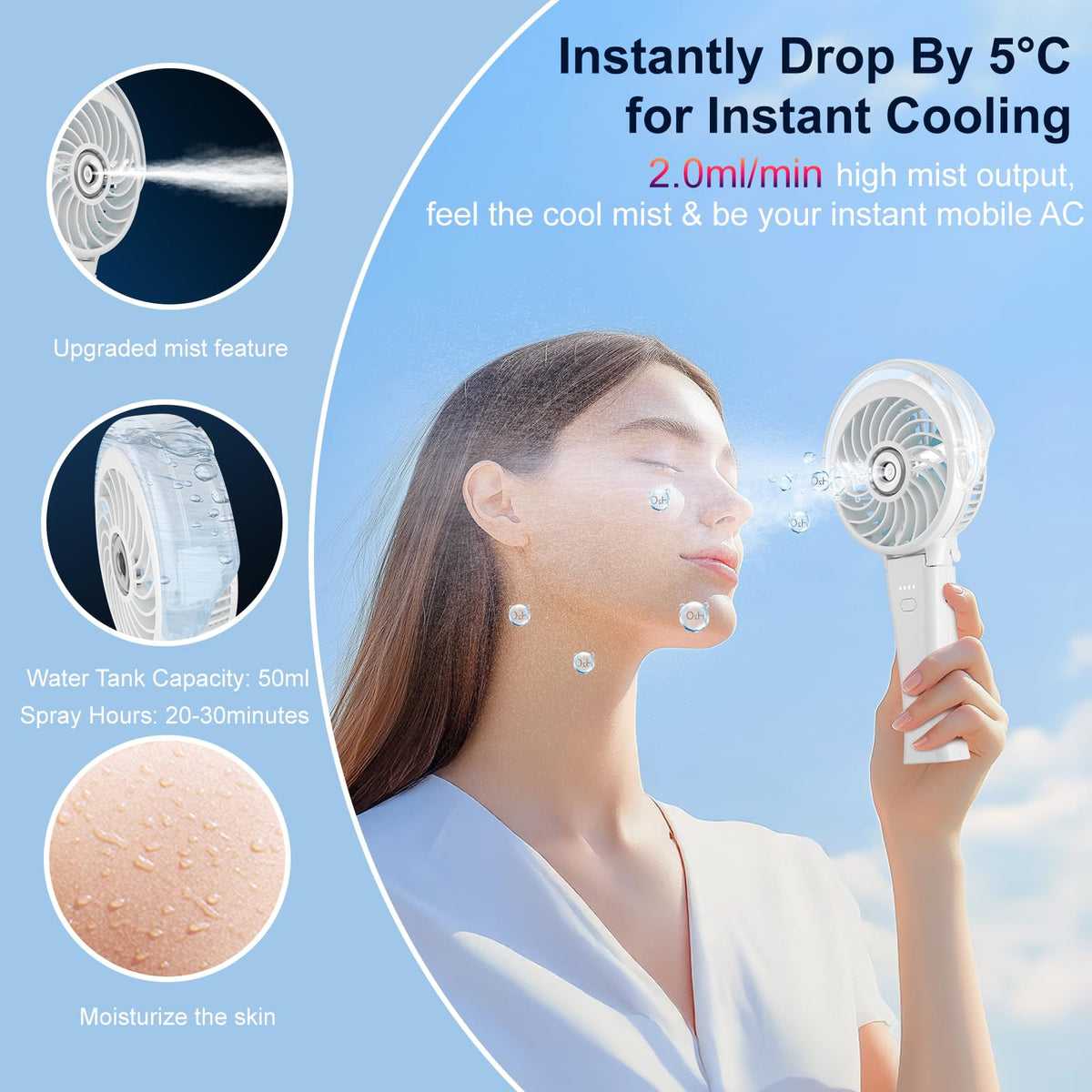 HandFan 50ml water tank extending mist sessions outdoors