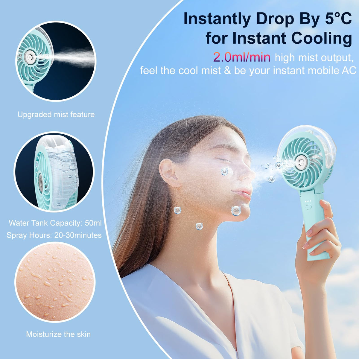HandFan 50ml water tank extends mist sessions outdoors