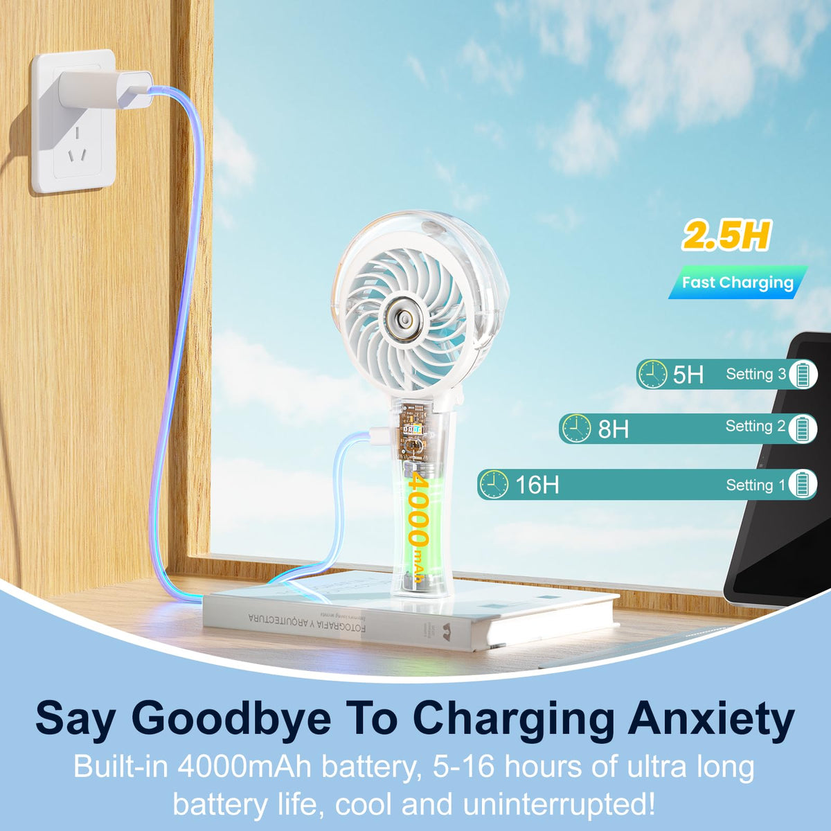 HandFan spray mist feature for quick personal cooling outdoors