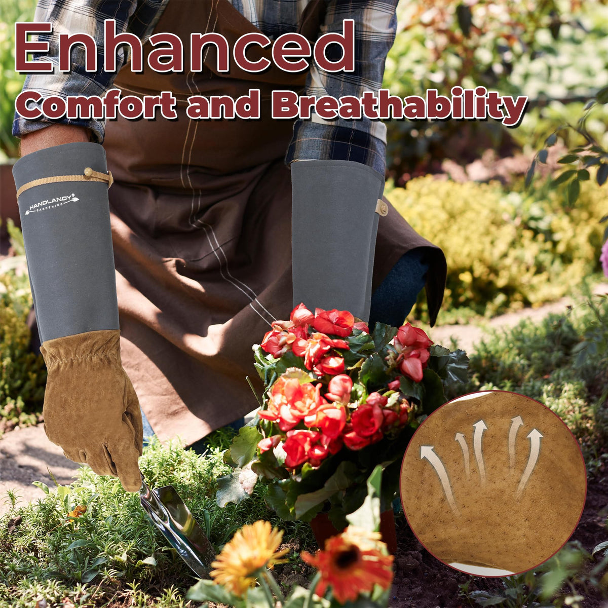 HANDLANDY forearm-protection gloves shielding forearms while pruning dense shrubs.