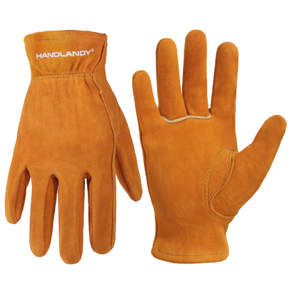 HANDLANDY Kids genuine leather gardening gloves in orange protect little hands during planting.
