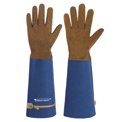 HANDLANDY long gardening gloves showing pigskin leather texture for tough protection