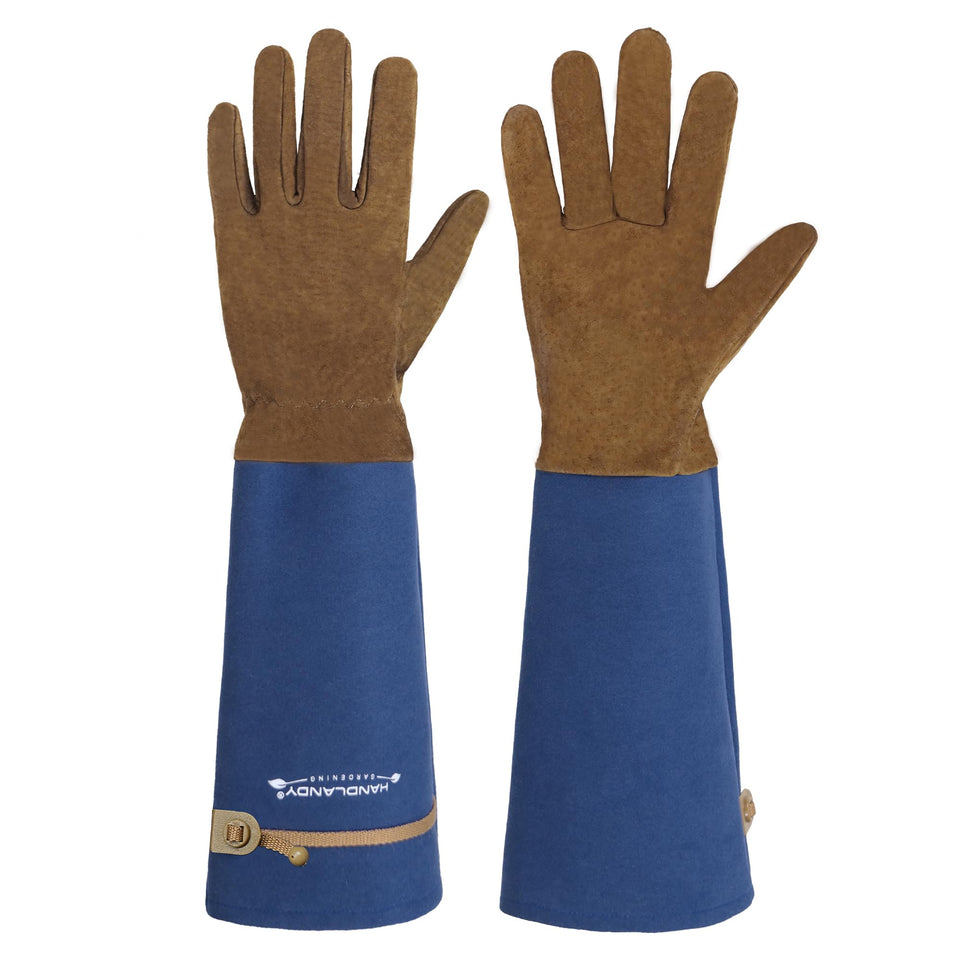 HANDLANDY long gardening gloves showing pigskin leather texture for tough protection