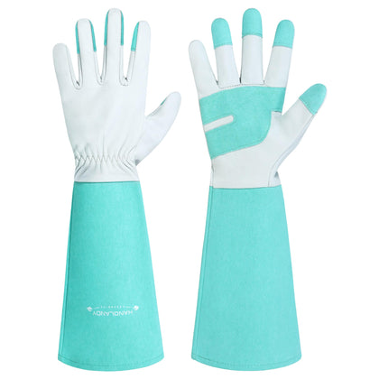HANDLANDY long gloves teal back view protects arms during pruning and weeding.