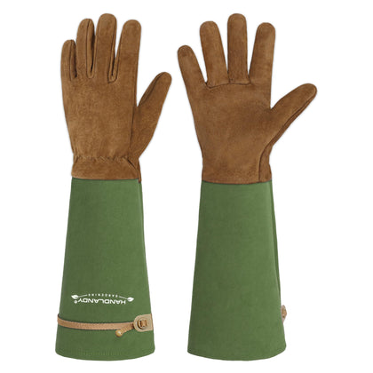 HANDLANDY long gardening glove close-up showing pigskin leather texture for durability