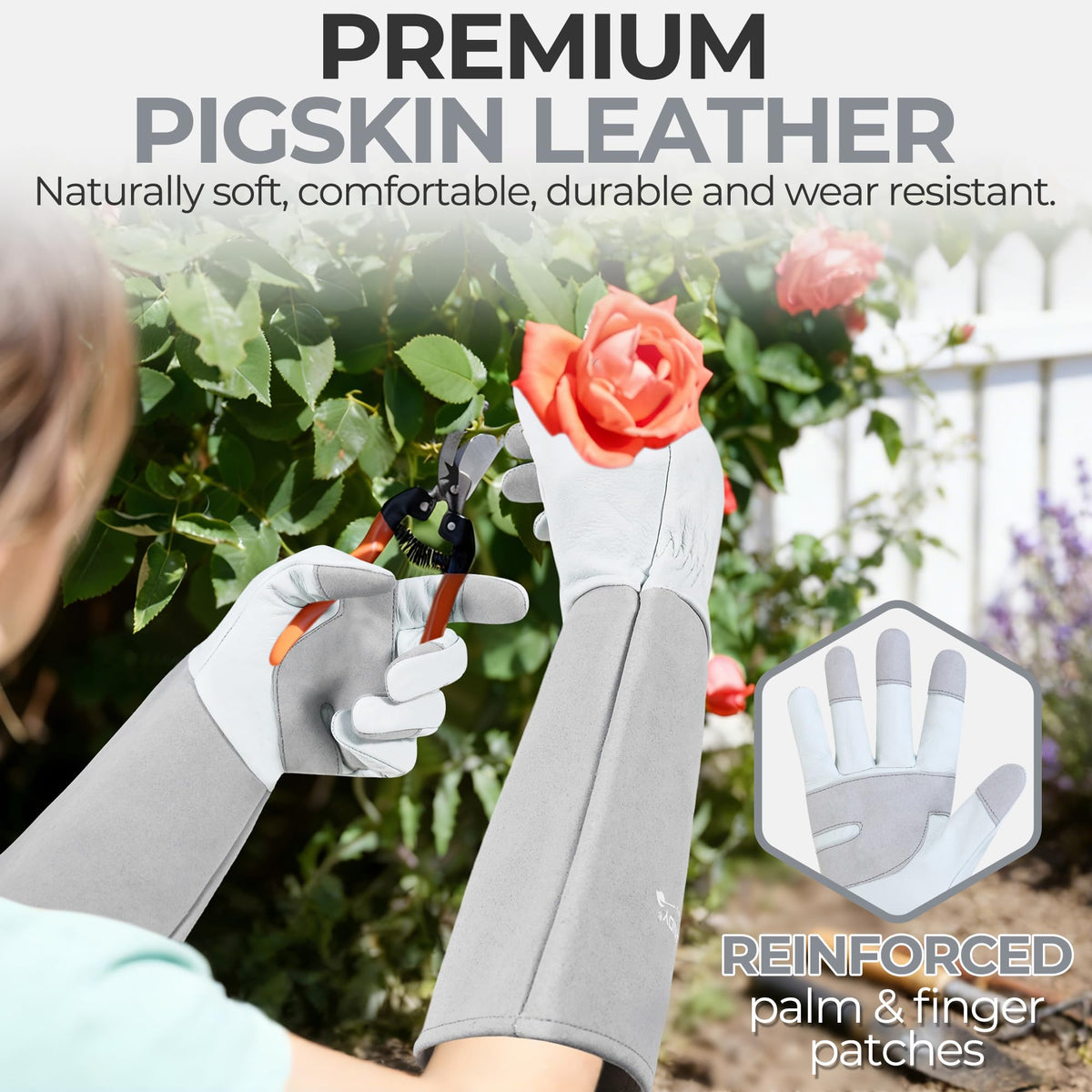 HANDLANDY rose-pruning leather gauntlets provide forearm protection while trimming branches.