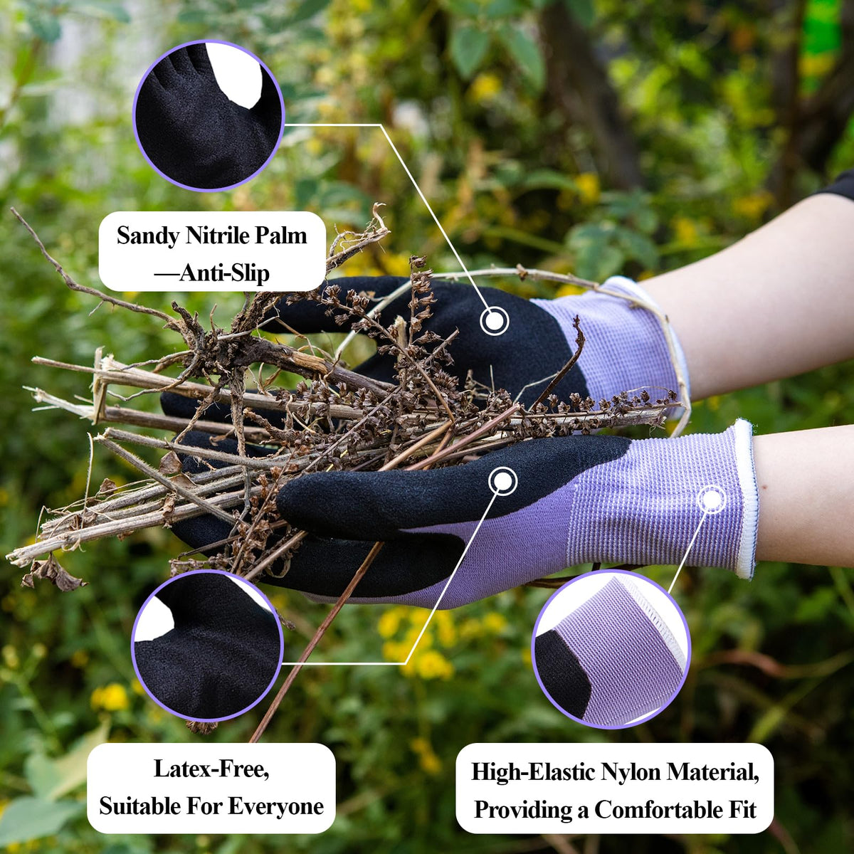 Sandy nitrile grip secures tools and pots in dry or damp garden conditions.
