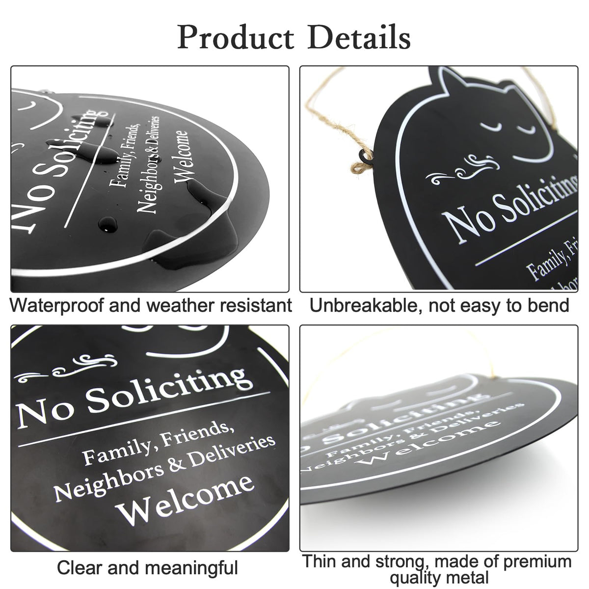 Handook cat-design no soliciting sign close-up shows durable metal finish.